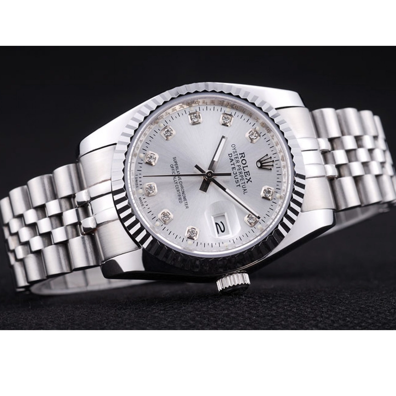 Aaa replica Datejust Dial Silver Diamonds Rolex 7455 Bezel Ribbed 0613